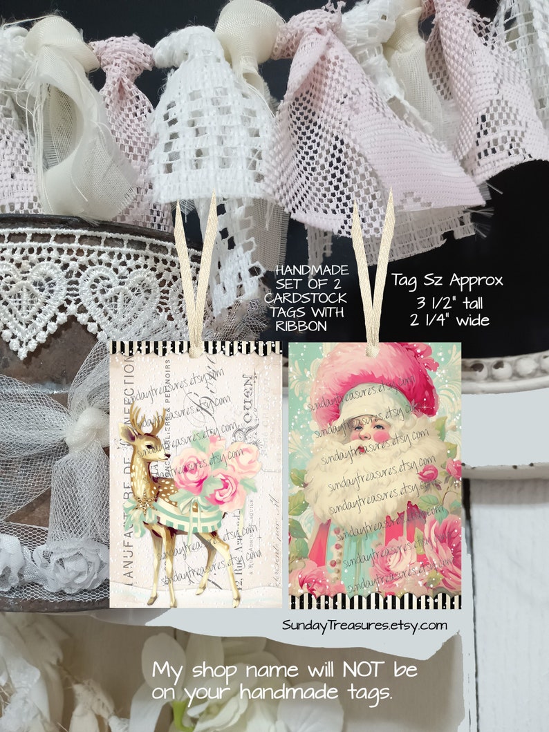 Handmade 2 Pc Set pink Santa Reindeer Christmas Gift Bag Tags / Christmas Ornaments / Pink Shabby Chic Decor / Junk Journal Tags / Ephemera image 1