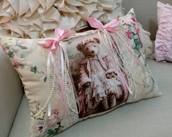 OOAK- 15"x11" Pillow- Teddy Bear Pillow / Pink Shabby Vintage Victorian Teddy Bear Pillow /Shabby Roses / Decorative Throw Pillow