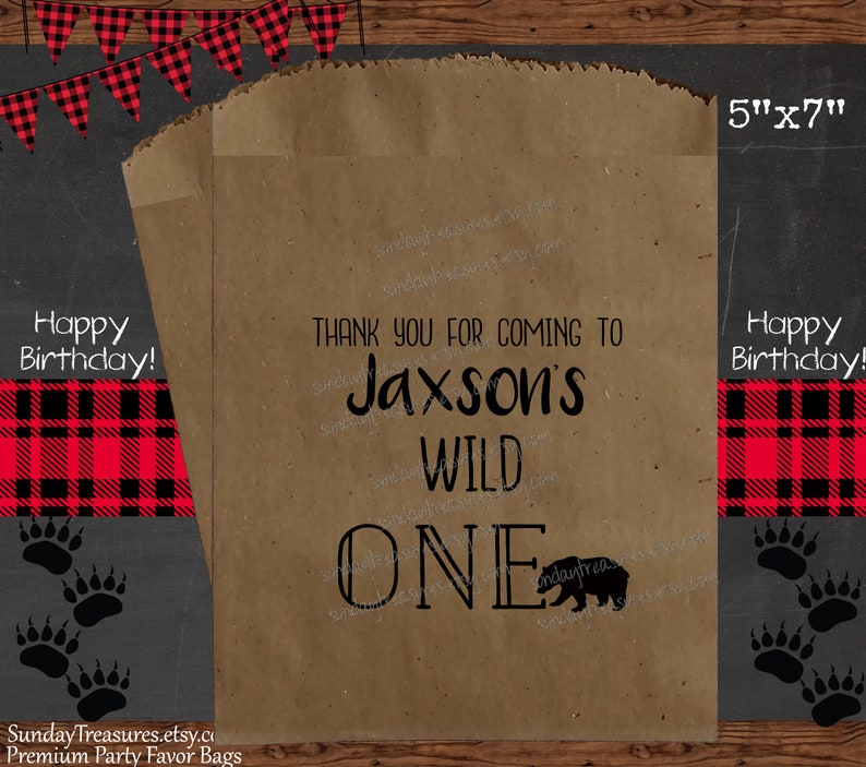 12 PAK 5x7 Wild One Bears Lumberjack Camping Woodland 1st Birthday Boy Girl Party Favor Gift Bags Treat Bag Boy Girl 3 Day Ship