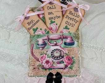 Tag Pocket - 4 Pc Set Stuffed Loaded Pocket Journaling Cards Tags / Pink Phone-Hey Handsome- Junk Journal Insert / Fun & Flirty Ephemera