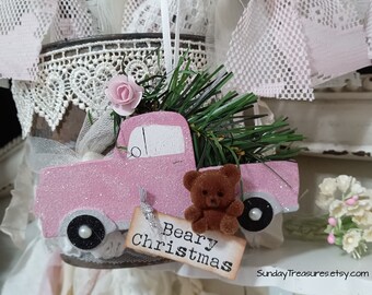 QTY 1 Pink Truck Shabby Chic Christmas Ornament / Pink Vintage Truck Ornament with Tree and Bear / Wood / Adorable / Shabby Pink Christmas