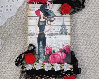 Tag- Fashion Woman / Decorated Junk Journal Lace Tag, Paper Junk Journal Ephemera, Party Favor Tag, Happy Mail