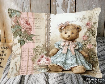 Small Pillow- Teddy Bear Pillow / Pink Blue Bear Pillow / Shabby Roses / Decorative Throw Pillow / Cottage Decor / Gifts For Her