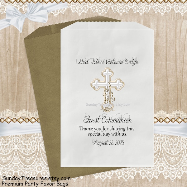 Baptism First Communion / Baptism Christening / 24 48 60 72 84 Favor Gift Bags / 5x7 White Gold Cross / Boy Girl / PERSONALIZE / 1 Day Ship