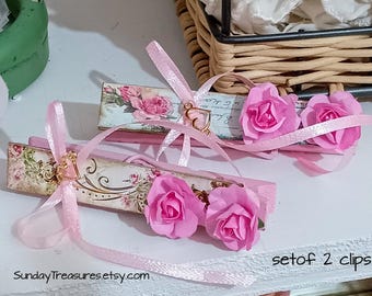 Set 2 Wood Clips / Pink Clips with Pink Paper Roses / Junk Journal Clips / Crafting Clips / Office Paper Clips