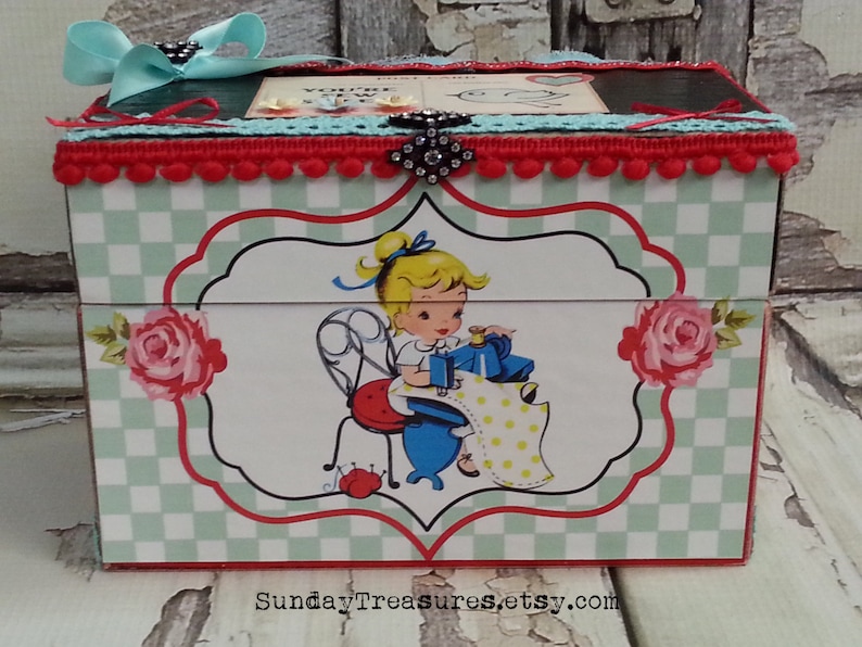 Vintage Sewing Girl Wood Sewing Box Seamstress 4x6 Box Craft Thread Ribbon Box Organizing Storage Ready To Ship