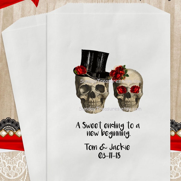 10 50 75 Pak Skull Roses Gothic WEDDING Candy Buffet Party Favor Bags / A Sweet Ending to a new Beginning / Halloween Wedding / Personalized