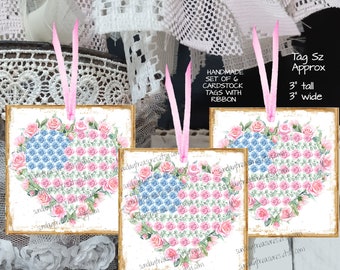 Handmade Set 3 PINK July 4th Heart Flag Tags / Pink Blue Shabby Roses Romantic / Favor Bag Gift Tags / Shabby Chic Junk Journal / Ephemera