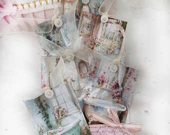 Tag Pocket- 6 Pc Set Lg Stuffed Loaded Pocket w/ Romantic Vintage Bathtubs Journaling Cards Tags / Junk Journal Insert  Handmade Ephemera