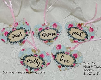 Tags- 5Pc Heart Tags- Paris Dream Pink Pretty Love / Journal Cards Junk Journal Tags / Shabby Chic Gift Tags / Party Favor Tags / Handmade