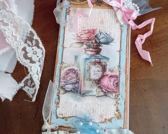 OOAK- Slim Notepad 7" / Perfume Bottle Notepad Stationery / Blue Shabby Chic Notepad Journal / Book Booklet Planner / Handmade