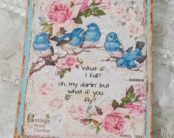 Shabby Chic Blue Birds, Pink Roses Journal Card / What If I Fall  What If You Fly, Handmade Junk Journal Ephemera, Craft Supplies, Gift Tag