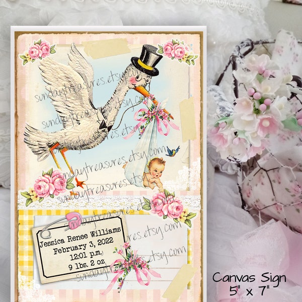 Vintage Stork Baby Girl PERSONALIZED Name Date Time Weight   5x7 Canvas Picture Sign Plaque / Vintage Shabby Chic / Nursery Art Wall Hanging