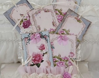 Tag Pocket - 10 Pc Set Lg Loaded Stuffed Lace Pocket & Journaling Cards Tags / Romantic Roses/ Junk Journal Insert/ Handmade Ephemera