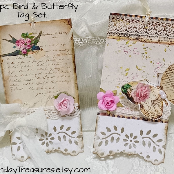 2 Pc Set Bird & Butterfly Tags / Journaling Cards Junk Journal Tags / Shabby Chic Party Favor Gift Tags / Ornaments / Frilly / Handmade
