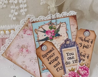 Tag Pocket- 3 Pc Set Stuffed Loaded Pocket Journaling Cards Tags / Shabby Bird / Spread Your Wings & Fly / What If I Fall  / Ephemera