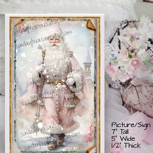 Sign- Pink Victorian Santa Christmas Sign Wall Decor / Romantic Pastel Pink Blue Shabby Chic Christmas / 5"x7" Canvas Wall Hanging Christmas