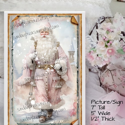 Plaque de Noël victorienne rose, Père Noël, décoration murale romantique, rose pastel bleu, Noël shabby chic, décoration murale en toile de 5 x 7 po.