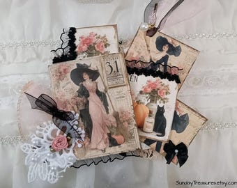 Lace Tag Folio- Notepad + Mini Journal, Envelope & More Ephemera / Shabby Halloween Witch, Loaded Interactive Junk Journal Insert / Handmade