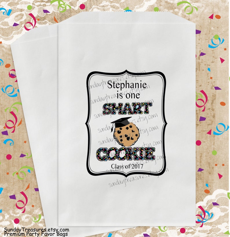 10 Pak Graduation Favor Bags One Smart Cookie Sprinkles 5x7 Boy Girl Personalized Popcorn Cookie Candy 3 Day Ship