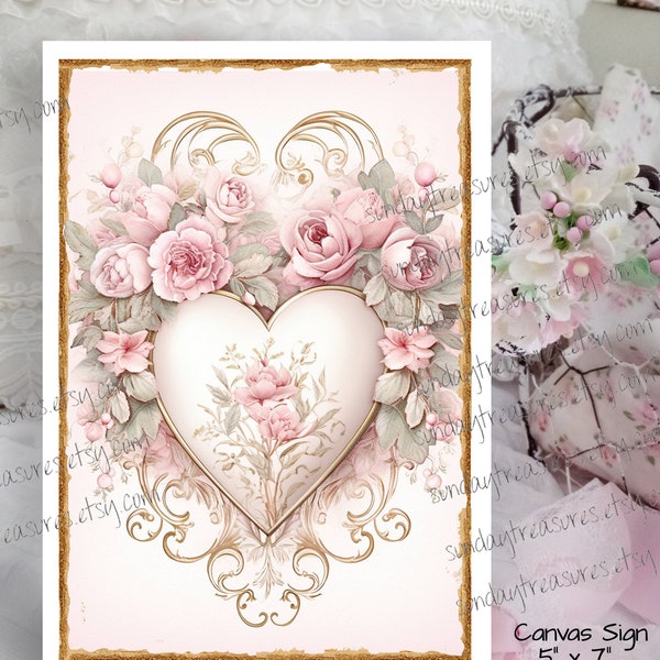 Shabby Chic Heart Pink Roses 5x7 Canvas Sign Picture / Shabby Chic Feminine Romantic Wall Art / FREE SHIPPING