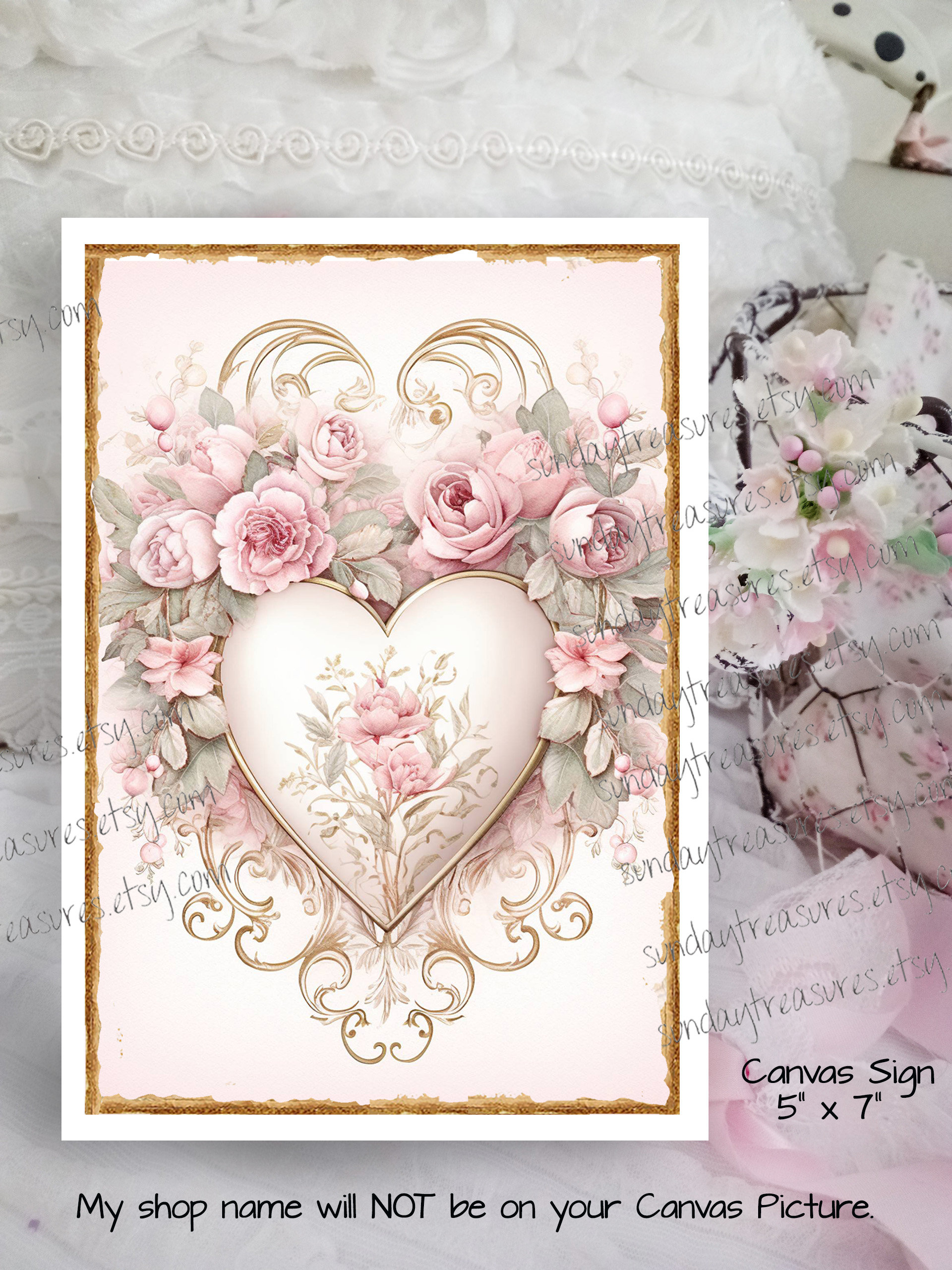 Shabby Chic Heart Pink Roses 5x7 Canvas Sign Picture / Shabby Chic ...