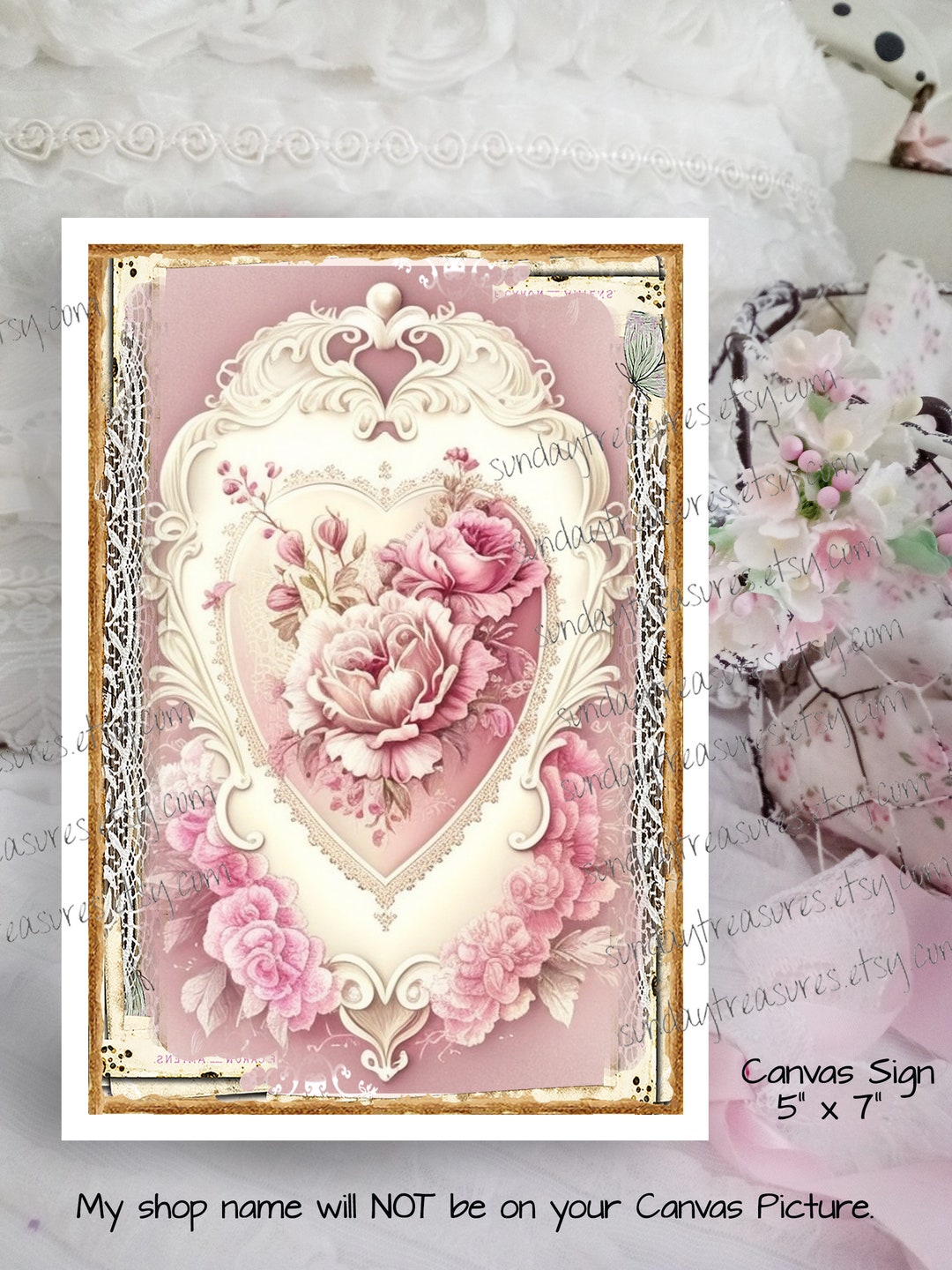 Shabby Chic Heart Pink Roses 5x7 Canvas Sign Picture / Shabby Chic ...