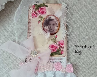 Tagblet- Tag with Tablet, Original "Tagblet" Ephemera, Decorated Junk Journal Lace Tag, Paper Tablet Tag, Vintage Woman Journal