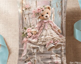 Small Pillow- Teddy Bear Pillow / Pink Shabby Vintage Victorian Bear Pillow /Shabby Roses / Decorative Throw Pillow / Decor / Gifts For Her