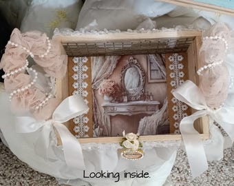 OOAK Basket- Shabby Chic Ivory White Feminine Basket / Images of Vintage Vanities / Home Decor Wedding Decor