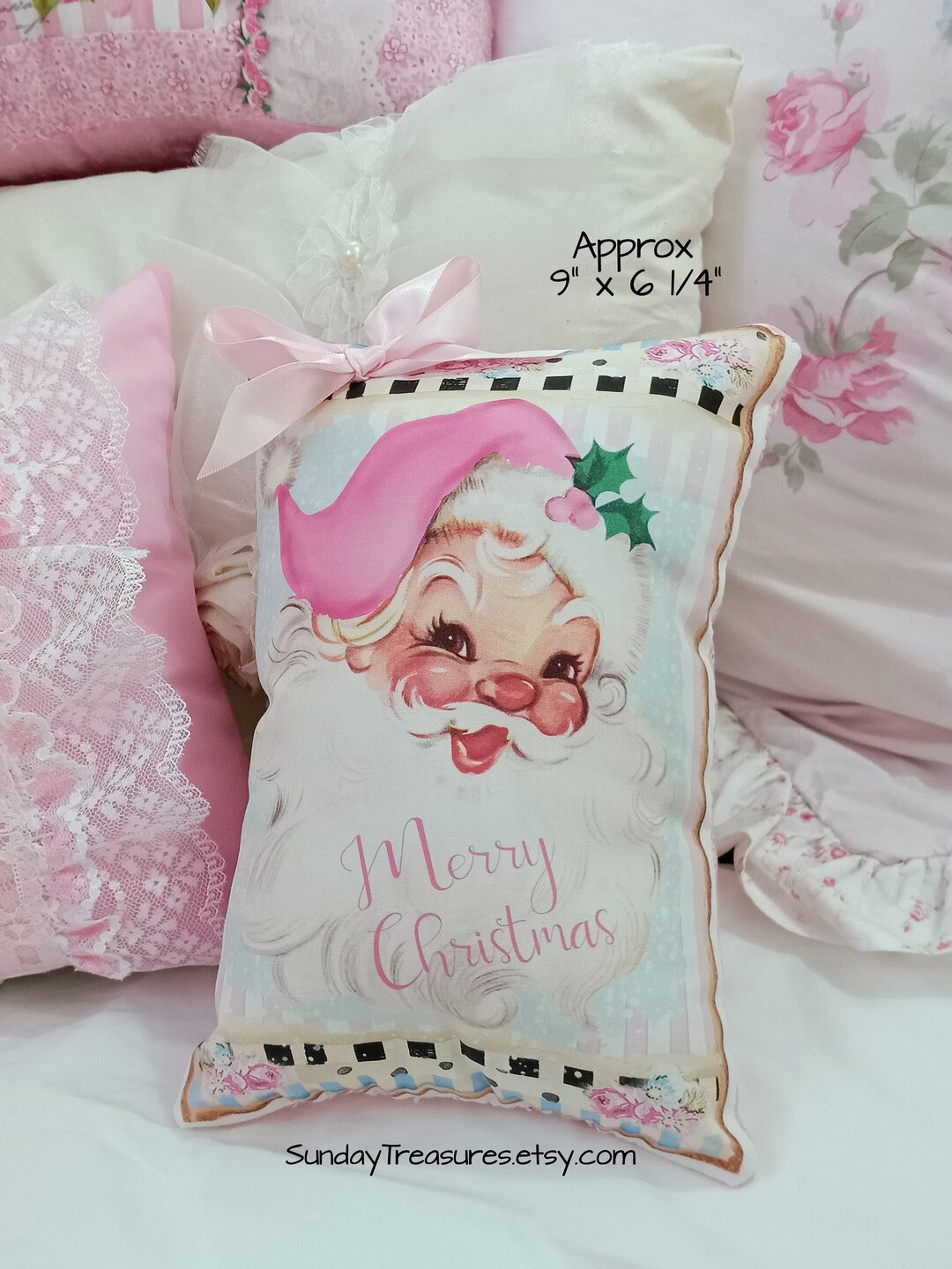 Pink Vintage Santa Pillow / Pink Santa Christmas Pillow / Santa