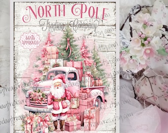 PINK Vintage Truck Pink Santa Sign Wall Decor 5"x7" Wall Hanging Christmas Art Romantic Pastel Pink Shabby Chic Christmas / FREE SHIPPING