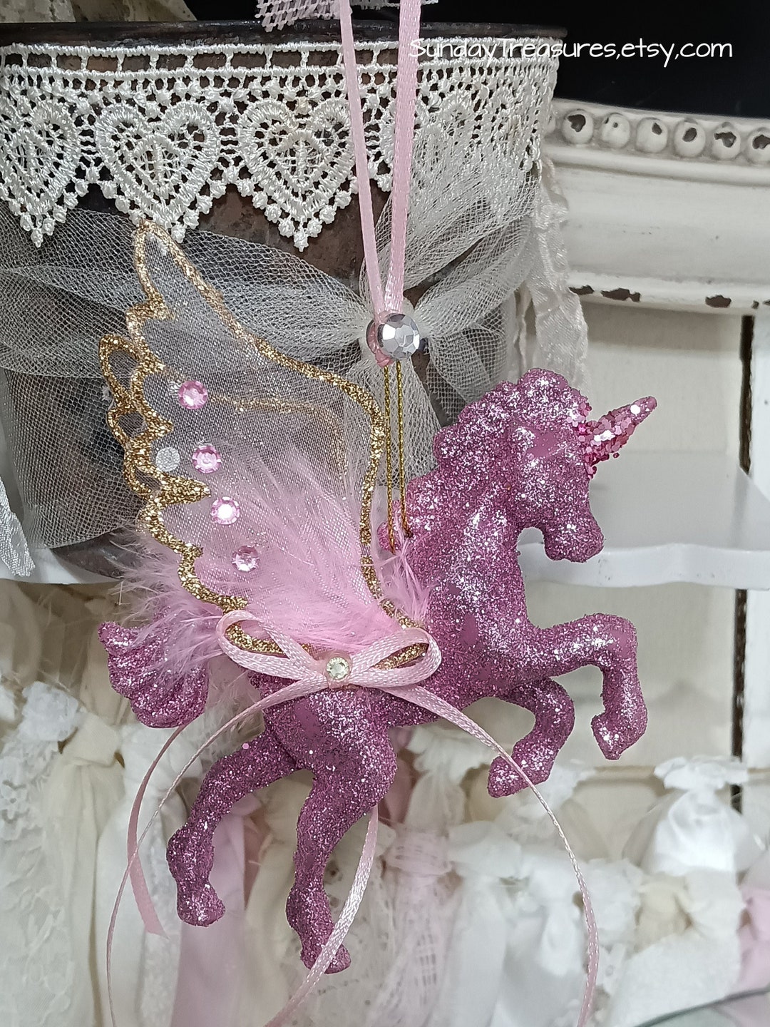 Pink Unicorn Christmas Ornament / Pink Unicorn Gold Wings / Etsy