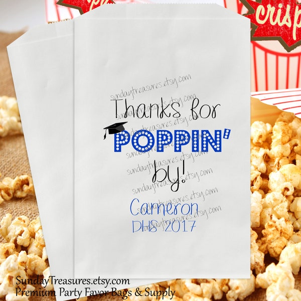 Free Shipping-Qty 50 Graduation Popcorn Favor Bags / Thanks for POPPIN BY / Choose School Colors / Sz 5x7 / Personalized / 1 Day Ship