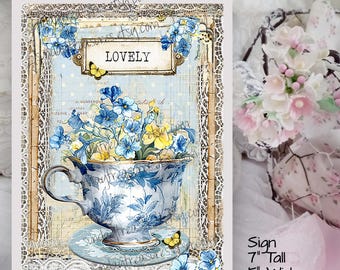 Sign - Blue Teacup / 5x7 Canvas Picture / Shabby Chic Feminine Romantic Kitchen Wall Hanging Art / French Cottage Decor / SEE MORE