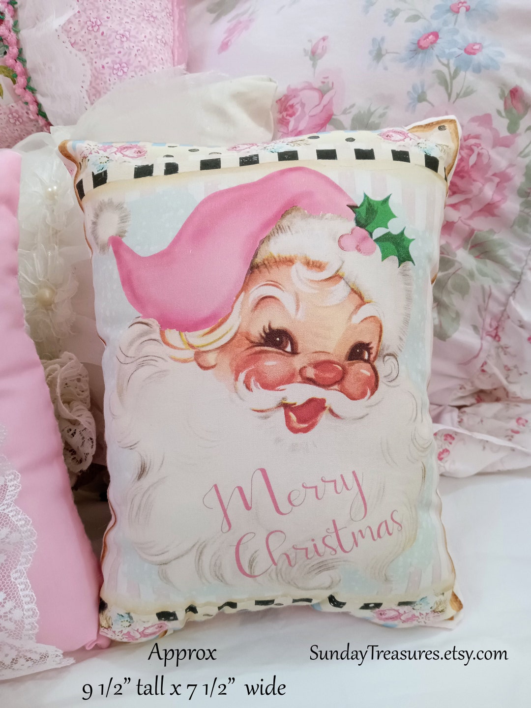 Pink Vintage Santa Pillow / Pink Santa Christmas Pillow / Small Santa