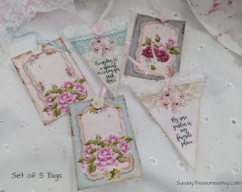 Tags-5 Pc Set Assorted RosesTags / Journaling Cards Junk Journal Tags / Shabby Chic / Handmade Ephemera