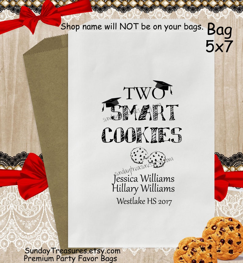 Free Shipping-50 Pak Two Smart Cookies / Graduation Favor Bags / 5x7 White Brown / Cookie Bag / Personalized / Twins Best Friends 1 Day Ship image 1