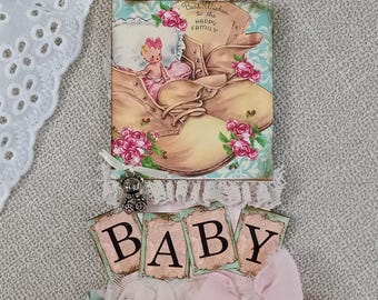 Tag- Retro Baby Tag / Junk Journal Tag / Pink Mint Green / Shabby Chic / Handmade Junk Journal / Ephemera / Party Favor