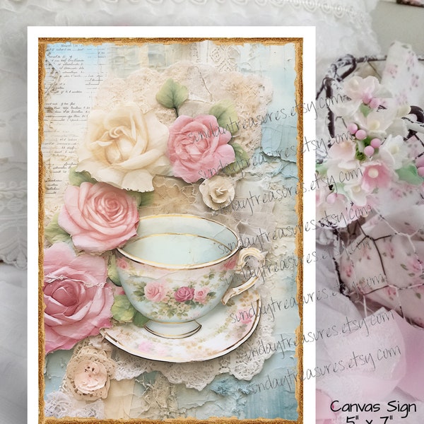 Pink Teacup Pink Shabby Chic Roses / 5x7 Canvas Sign / Romantic Feminine Pink Shabby Cottage Wall Hanging Wall Decor