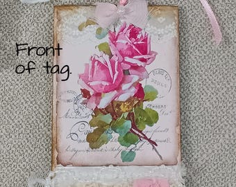 Tagblet- Tag with Tablet, Original "Tagblet" Ephemera, Decorated Junk Journal Lace Tag, Paper Tablet Tag, Pink Roses
