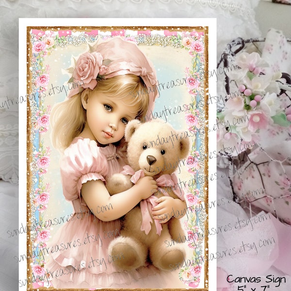 Little Girl Teddy Bear 5x7 Canvas Sign Wall Art / Blush Pink Rose Shabby Chic Romantic Farmhouse Cottage Wall Hanging Decor