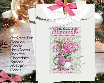 12 PaK Pink Candy Canes Hot Cocoa Favor Bags / Hot Chocolate Hot Cocoa Packets Favor Bags / Christmas Cookie Candy Favor Treat Bags Sacks