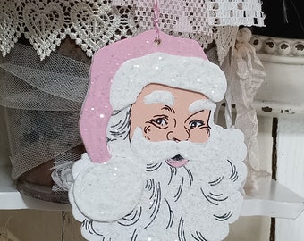 Pink Retro Vintage Santa Christmas Wood Ornament /  Santa Claus, Pink Santa Hat / Santa Face Shape Wood Christmas Ornament