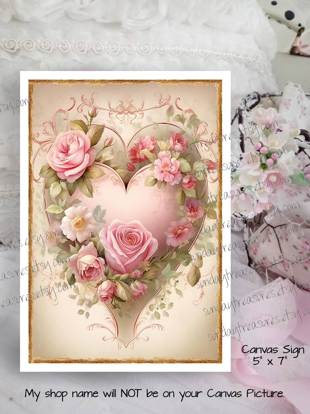 Shabby Chic Heart Pink Roses 5x7 Canvas Sign Picture / Shabby Chic ...