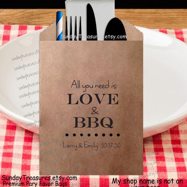 25 50 100 200 PAK All You Need Is Love & BBQ, I Do BBQ Couples Shower, Wedding Utensils Silverware Favor Bag, Candy Cookie / Personalized