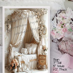 May include: A framed sign featuring a detailed illustration of a bed with a canopy, adorned with cream-colored drapes, lace, and floral accents. The sign is 7 inches tall, 5 inches wide, and 0.5 inches thick. The text on the sign reads "My shop name will NOT be on your Sign."