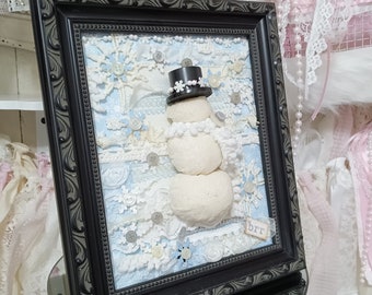 Blue White SNOWMAN Collage Picture Sign / Vintage Trims Button Bits & Bobbles / White Blue Snowflakes / Winter Decor Blue Christmas