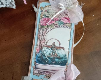 OOAK- Slim Notepad 7" / Purse Handbag Notepad Stationery / Blue Shabby Chic Notepad Journal / Book Booklet Planner / Handmade