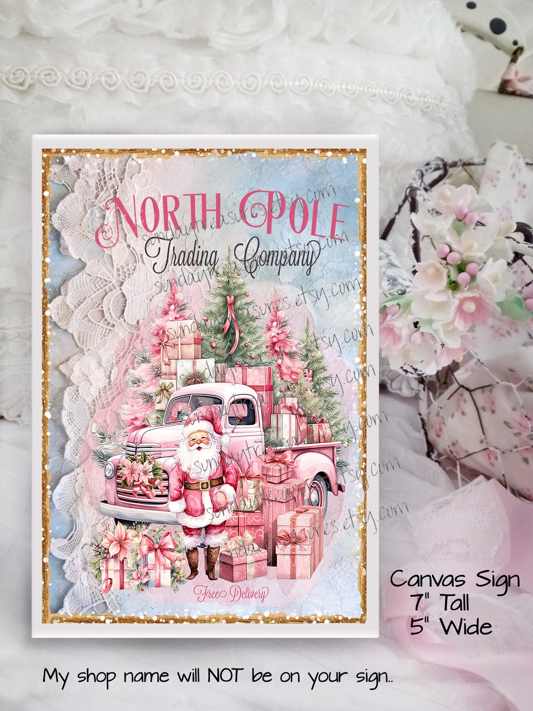 PINK Vintage Truck Pink Santa Sign Wall Decor / 5x7 Wall Hanging